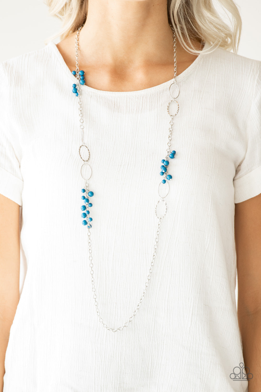 Flirty Foxtrot - Blue and Silver Necklace - Paparazzi Accessories - Smooth and hammered silver rings join clusters of refreshing blue beads along a shimmery silver chain for a colorful look. Features an adjustable clasp closure. Sold as one individual necklace.
