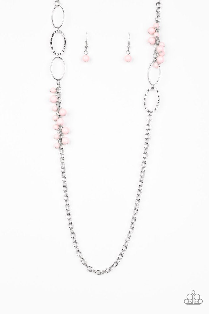 Flirty Foxtrot - Pink and Silver Necklace & Earrings - Paparazzi Accessories -
Smooth and hammered silver rings join clusters of shiny pink beads along a shimmery silver chain for a colorful look. Features an adjustable clasp closure.
Sold as one individual necklace. Includes one pair of matching earrings.
