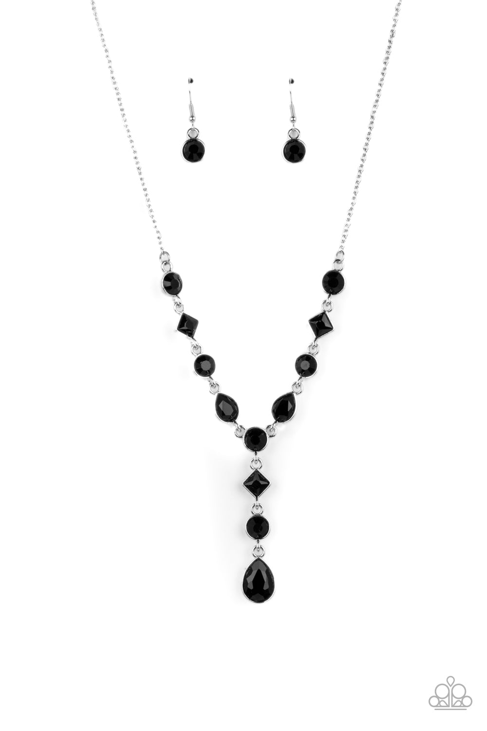 Forget the Crown - Black and Silver Necklace - Paparazzi Accessories - Brilliant black round-cut rhinestones alternate between diamonds and teardrops with a black finish, creating an elegant lariat fit for royalty. Features an adjustable clasp closure. Sold as one individual necklace.