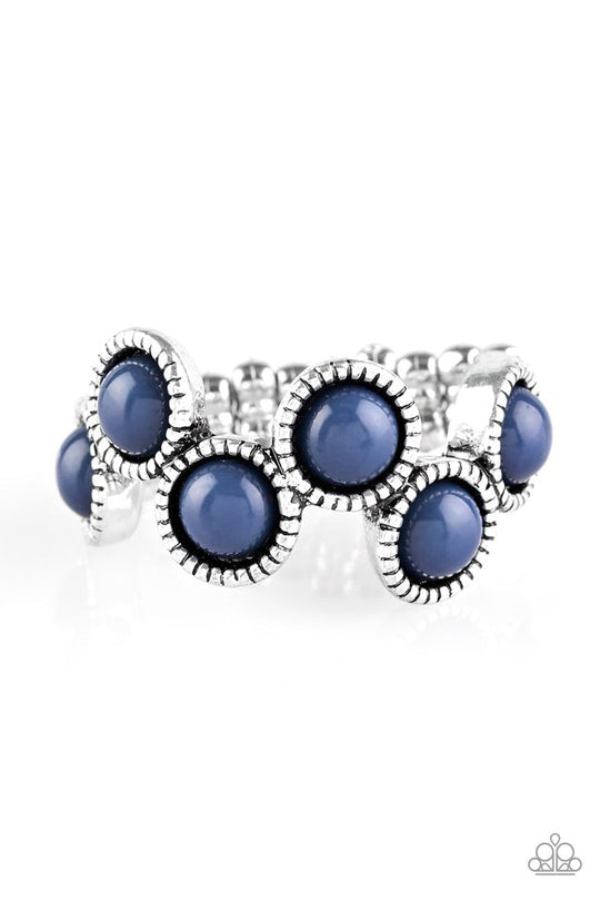Foxy Fabulous - Blue and Silver Fashion  Ring - Paparazzi Accessories - blue beads are pressed into sleek studded silver frames. The colorful beads zigzag across the finger, coalescing into a whimsical frame. Features a dainty stretchy band for a flexible fit.  Bejeweled Accessories By Kristie - Trendy fashion jewelry for everyone -