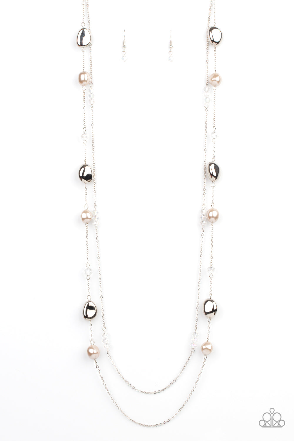 Gala Goals - Brown and Silver Fashion Necklace - Paparazzi Accessories - A dainty silver chain adorned in trios of iridescent crystal-like beads layers with a chain dotted with matching crystal-like accents and imperfect silver and pearly brown beads across the chest for a refined flair. Features an adjustable clasp closure. Sold as one individual necklace.