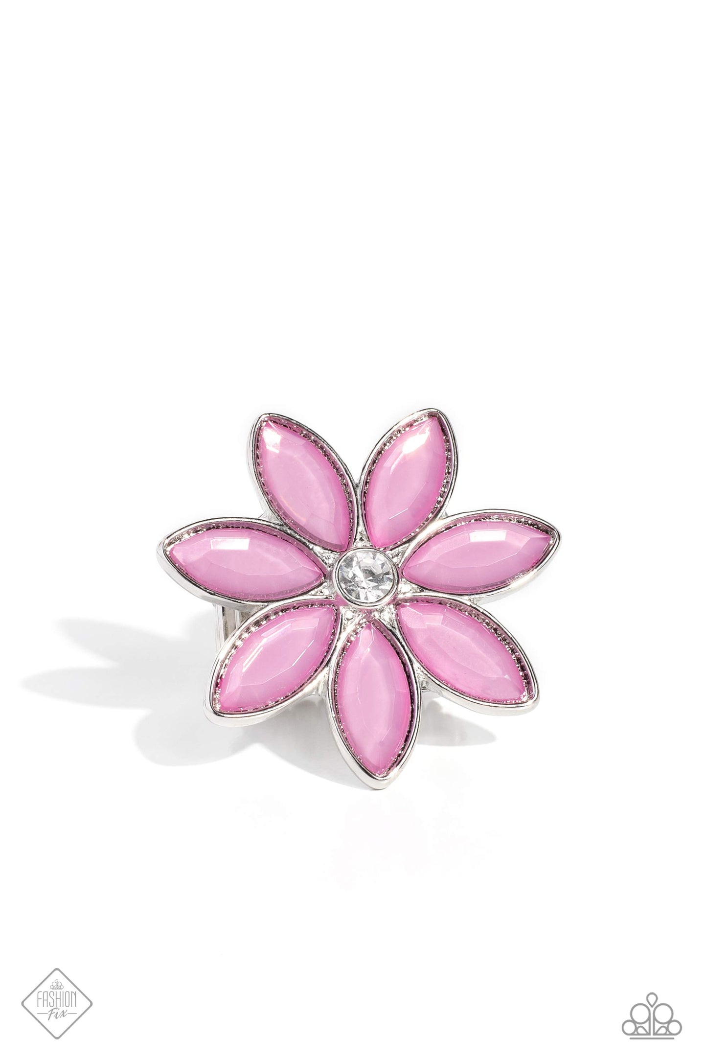 GARDEN My French - Purple Flower and Silver Ring - Paparazzi Accessories - Glassy marquise-cut petals in a dreamy orchid hue, fan out around a sparkling white gem center, creating a vibrant, oversized flower that sits prominently atop the finger.
