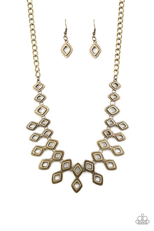 Geocentric - Brass Fringe Necklace - Paparazzi Accessories - Brushed in an antiqued shimmer, glistening diamond-shaped brass frames link below the collar, coalescing into an edgy geometric fringe. Features an adjustable clasp closure. Sold as one individual necklace.