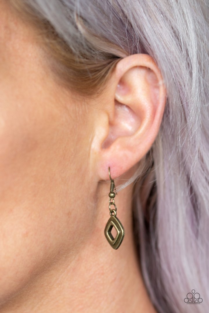 Geocentric - Brass Fringe Necklace and Earrings - Paparazzi Accessories - Brushed in an antiqued shimmer, glistening diamond-shaped brass frames link below the collar, coalescing into an edgy geometric fringe. Features an adjustable clasp closure.