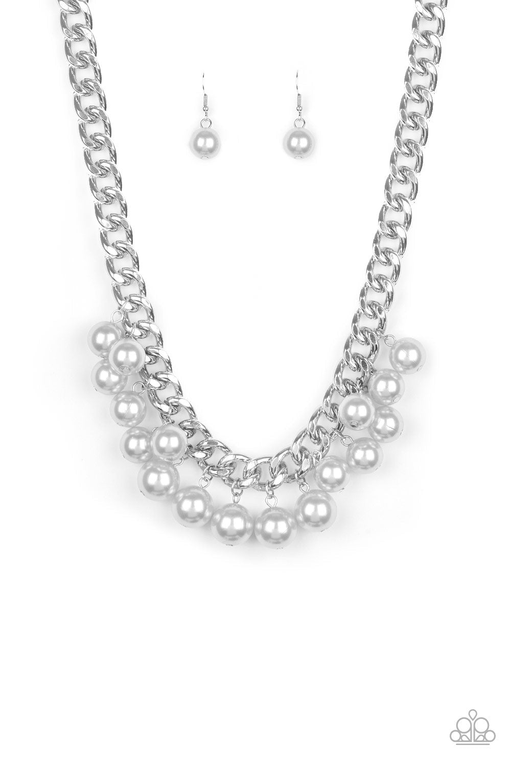 Get Off My Runway - Silver Pearl Necklace - Paparazzi Accessories - Bubbly silver pearls swing from the bottom of a hefty silver chain, creating a dramatic fringe below the collar. Features an adjustable clasp closure.
