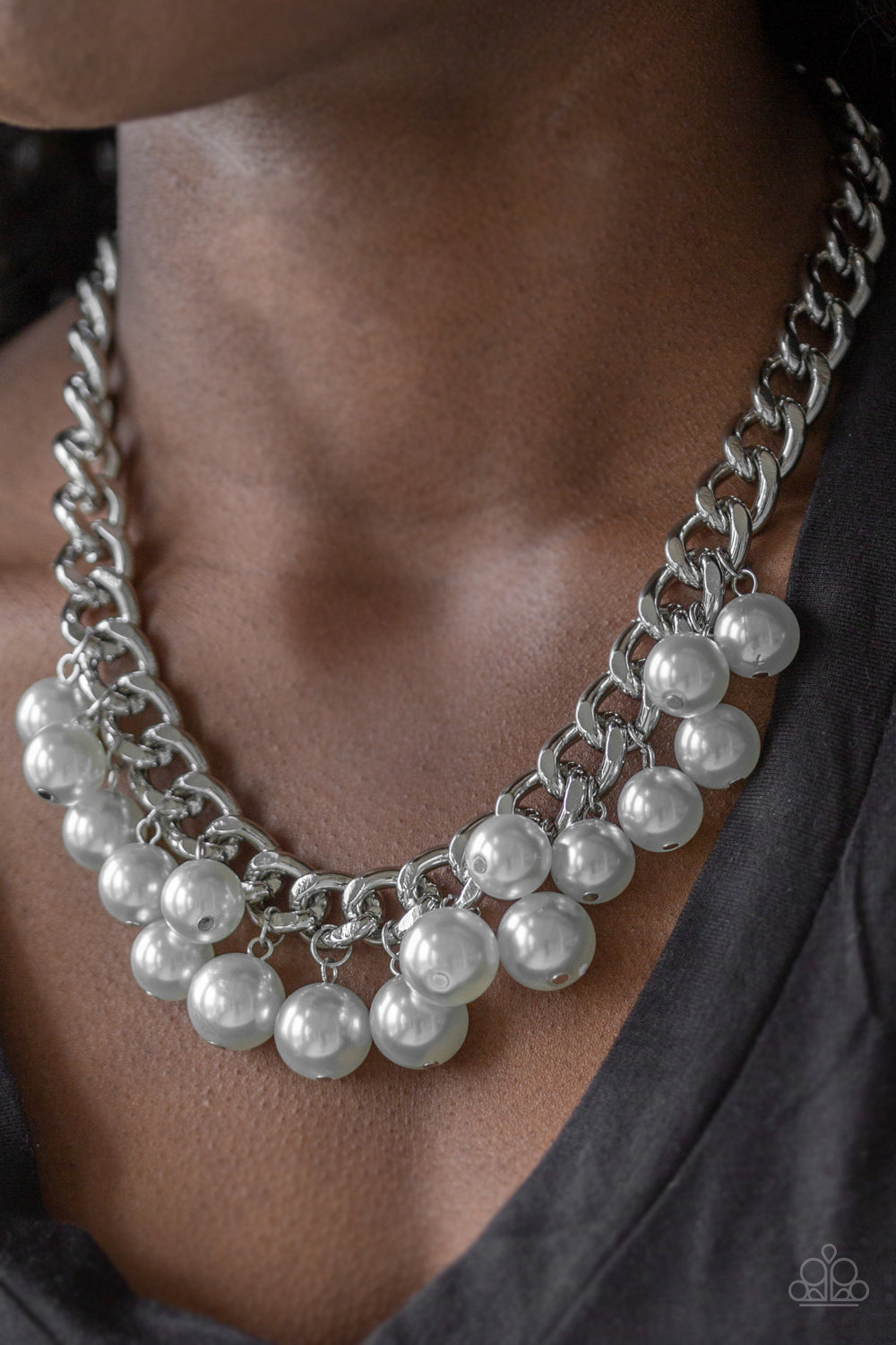 Get Off My Runway - Silver Pearl Necklace - Paparazzi Accessories - Bubbly silver pearls swing from the bottom of a hefty silver chain, creating a dramatic fringe below the collar. Features an adjustable clasp closure.