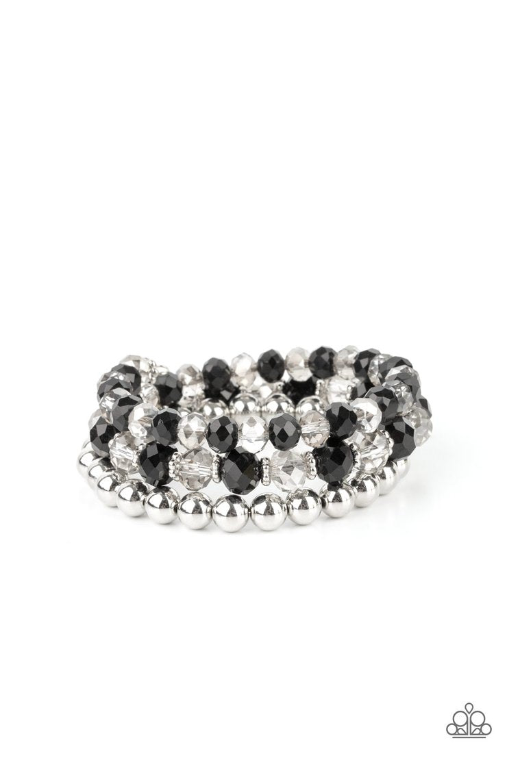Gimme Gimme - Black and Silver Infinity Wrap Bracelet - Paparazzi Accessories - Sections of shiny silver beads and an alternating pattern of smoky and glittery black rhinestone gems gradually increase in size along a coiled wire, creating a jaw-dropping infinity wrap bracelet around the wrist. Sold as one individual stylish fashion bracelet.