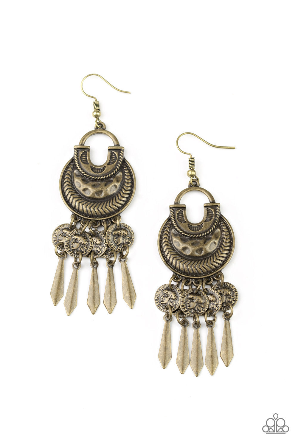 Give Me Liberty - Brass Fashion Earrings - Paparazzi Accessories - A rustic collection of coin-like brass discs and flared brass bars dangle from the bottom of an ornately hammered and textured brass frame, creating a fearless fringe. Earring attaches to a standard fishhook fitting. Sold as one pair of earrings.