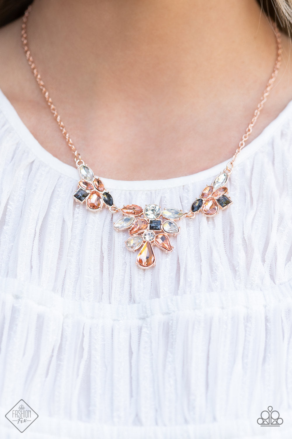 Glimpses of Malibu - 4 Piece Rose Gold Trend Blend Jewelry Set - Paparazzi Accessories - Includes one of each accessory in the Glimpses of Malibu Trend Blend in April's Fashion Fix: Completely Captivated Necklace, Attractive Allure Earrings, Colorful Captivation Bracelet, Law of Attraction Fashion Ring. Featuring playful styles accented with fun pops of color, the Glimpses of Malibu Collection is an endearing assortment of cheerful and whimsical laid-back fashion.
