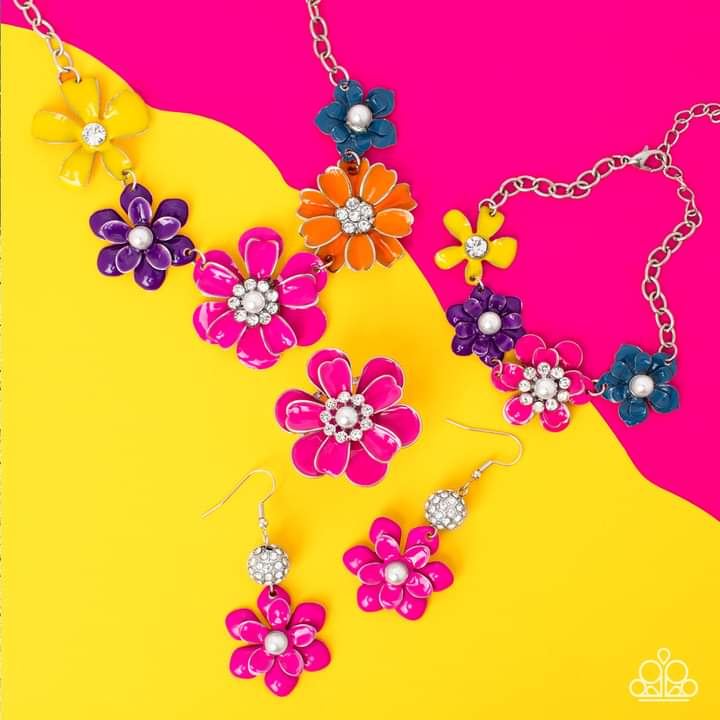 Glimpses of Malibu Trend Blend Set - Colorful Flowers Jewelry - Paparazzi Accessories - This 4 piece jewelry set includes one of each accessory featured in the Glimpses of Malibu Trend Blend in September's Fashion Fix: Floral Reverie Necklace, Bewitching Botany Earrings, Flower Patch Fantasy Bracelet, Budding Bliss Fashion Ring.