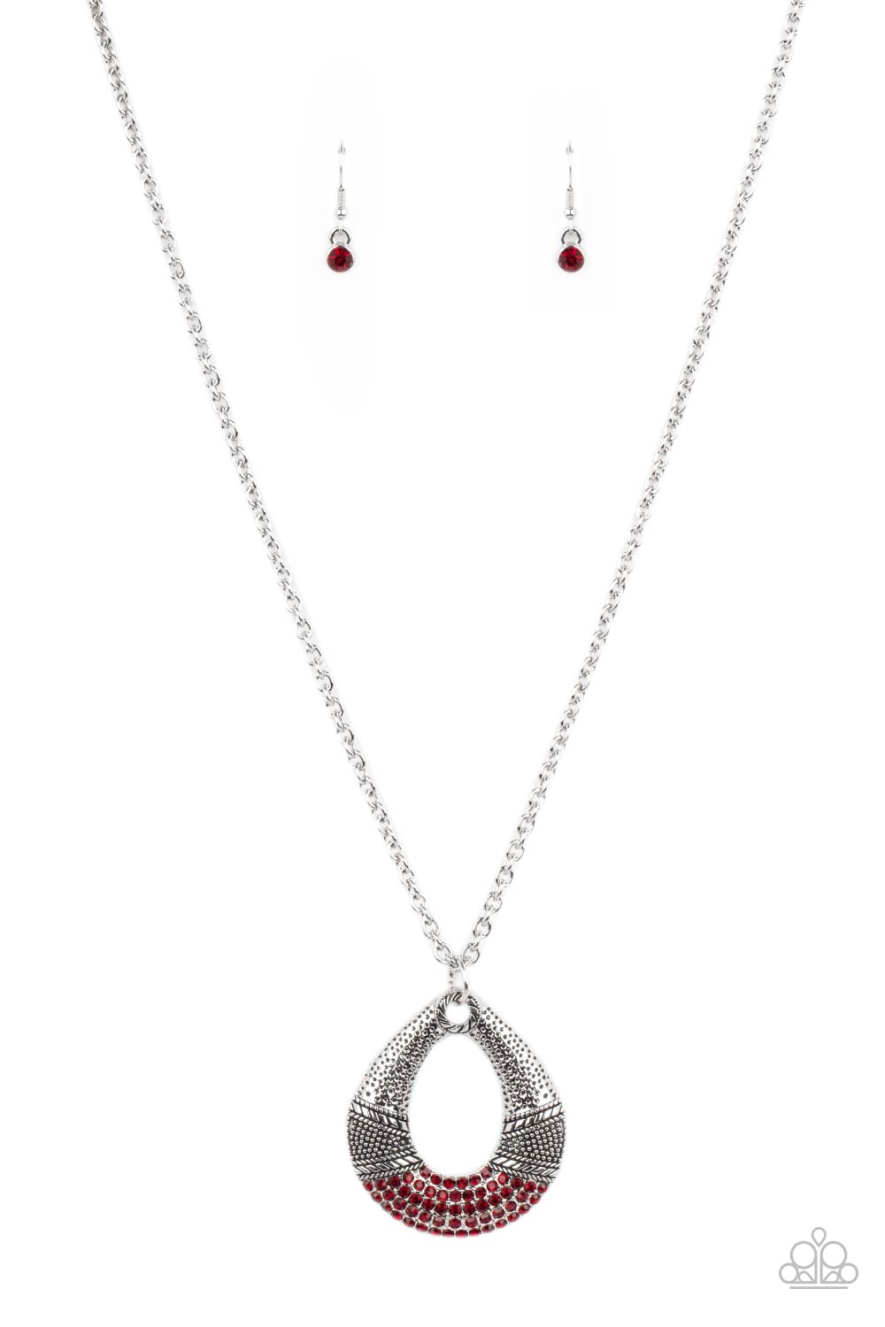 Glitz and Grind - Fiery Red and Silver Necklace - Paparazzi Accessories - Studded and embossed in bands of texture, the bottom of a hammered silver teardrop is encrusted in fiery red rhinestones, creating a glitzy pendant at the bottom of a lengthened silver chain stylish necklace. Features an adjustable clasp closure.