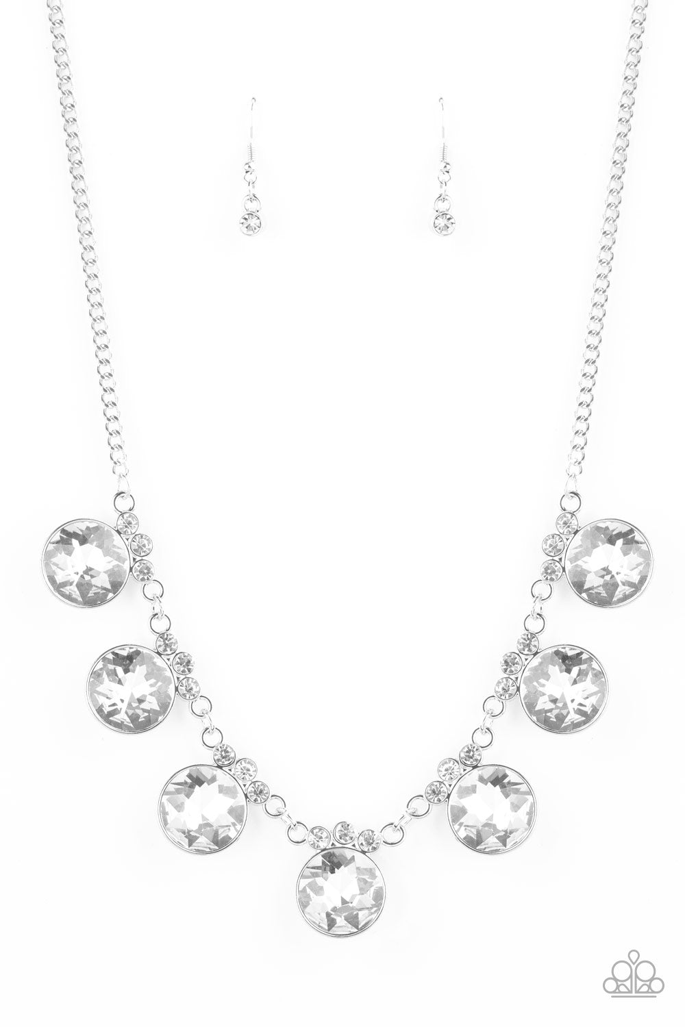 GLOW-Getter Glamour - Silver and White Necklace - Paparazzi Accessories - Crowned in a trio of dainty white rhinestones, an exaggerated display of oversized white gems delicately links below the collar for a glamorous glow. Features an adjustable clasp closure.
Sold as one individual necklace and earrings.