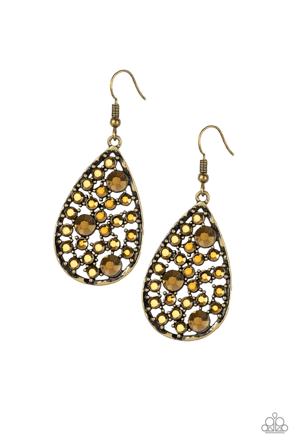GLOW With The Flow - Brass Fashion Earrings - Paparazzi Accessories - Varying in size, glittery aurum rhinestones are sprinkled along a studded brass teardrop for an edgy, yet glamorous look. Earring attaches to a standard fishhook fitting. Sold as one pair of earrings.