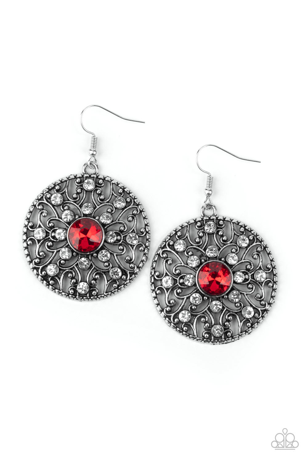 GLOW Your True Colors - Red Earrings - Paparazzi Accessories - Dotted in glassy white rhinestones, a backdrop of studded silver vine-like filigree climbs a circular frame. An oversized red rhinestone embellishes the center for a whimsical finish. Earring attaches to a standard fishhook fitting. Sold as one pair of earrings.