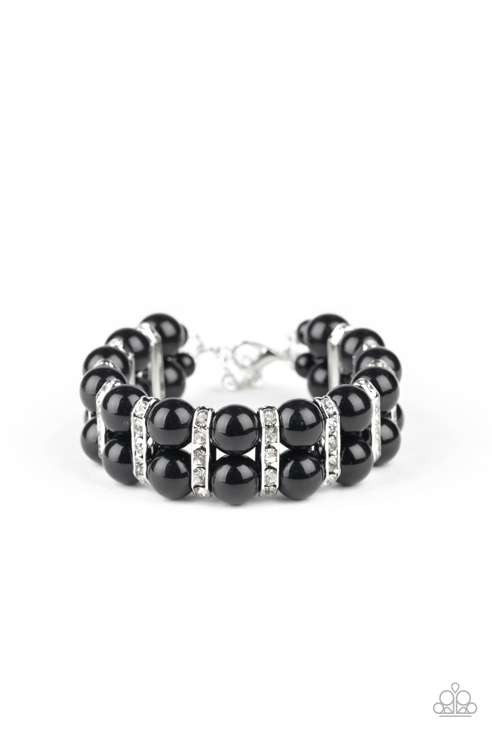 Glowing Glam - Black and Silver Bracelet - Paparazzi Accessories - Pairs of polished black beads and white rhinestone encrusted silver fittings are threaded along an invisible wire around the wrist for a refined flair. Features an adjustable clasp closure stylish fashion bracelet.