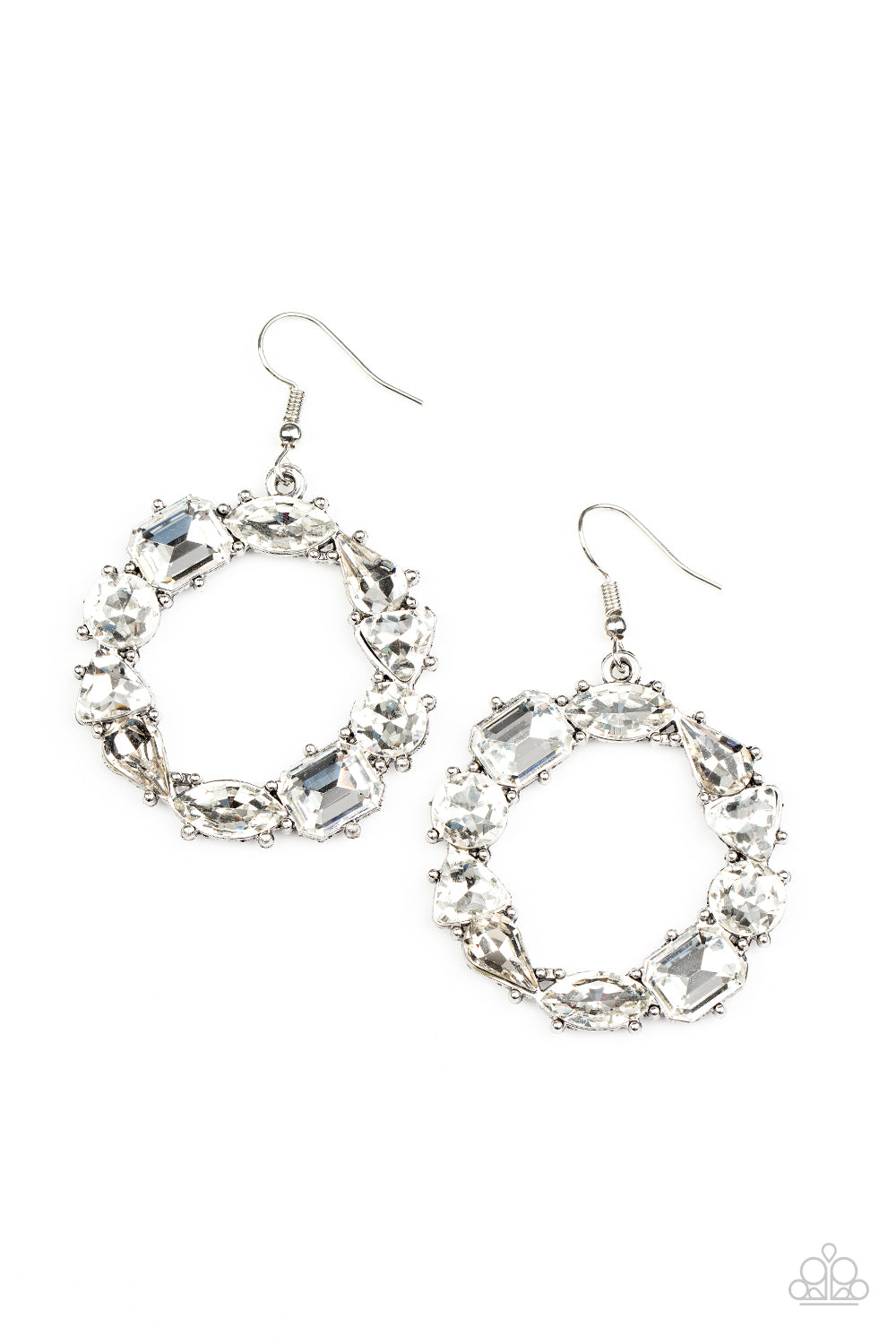 GLOWING in Circles - White Sparkle - Silver Earrings - Paparazzi Accessories - Featuring glistening silver fittings, a regal assortment of round, triangular, teardrop, marquise, and emerald cut white rhinestones delicately coalesce into a jaw-dropping hoop. Earring attaches to a standard fishhook fitting.
Sold as one pair of earrings.