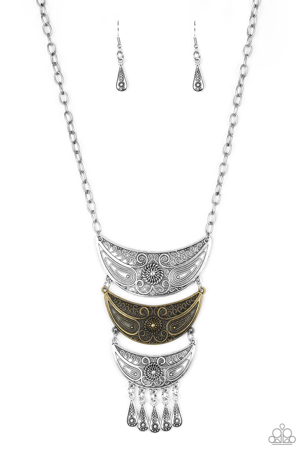 Go STEER-Crazy - Multi - Brass - Silver Necklace - Paparazzi Accessories - Gradually decreasing in size down the chest, decorative silver and brass crescent plates connect into a bold pendant. Dotted in dainty studs, teardrop silver frames swing from the bottom of the tribal inspired pendant for a fierce finish. Features an adjustable clasp closure.