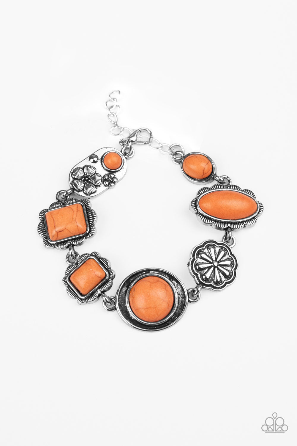 Gorgeously Groundskeeper - Orange and Silver Bracelet - Paparazzi Accessories - Featuring vivacious orange stone centers, a collection of antiqued silver frames link with a decorative floral charm around the wrist for a seasonal flair. Features an adjustable clasp closure. Sold as one individual bracelet.