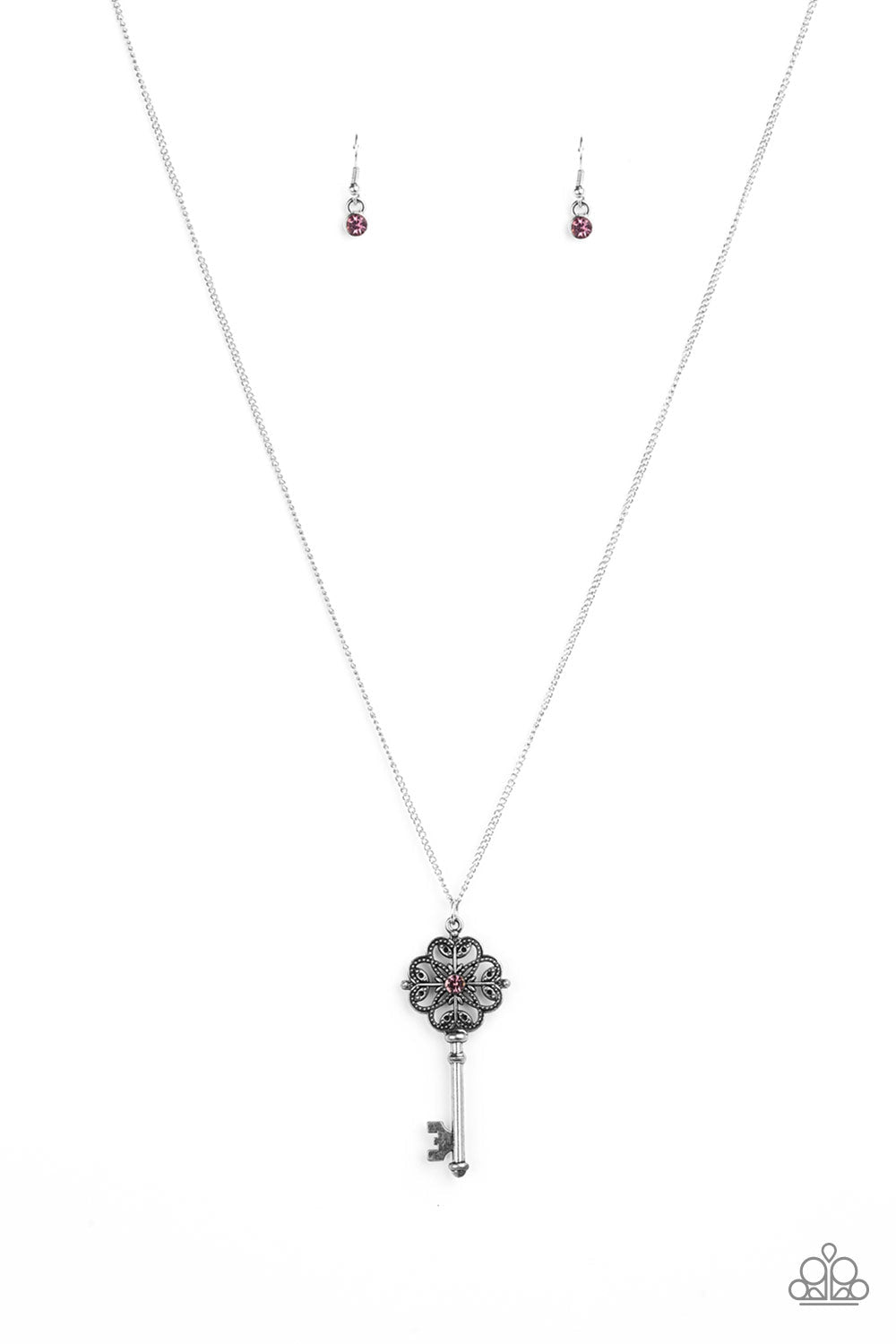 Got It On Lock - Purple and Silver Necklace - Paparazzi Accessories - Dotted with a glittery purple rhinestone, a vintage inspired key pendant swings from the bottom of an elegantly elongated silver chain for a whimsical fashion necklace. Bejeweled Accessories By Kristie - Trendy fashion jewelry for everyone -