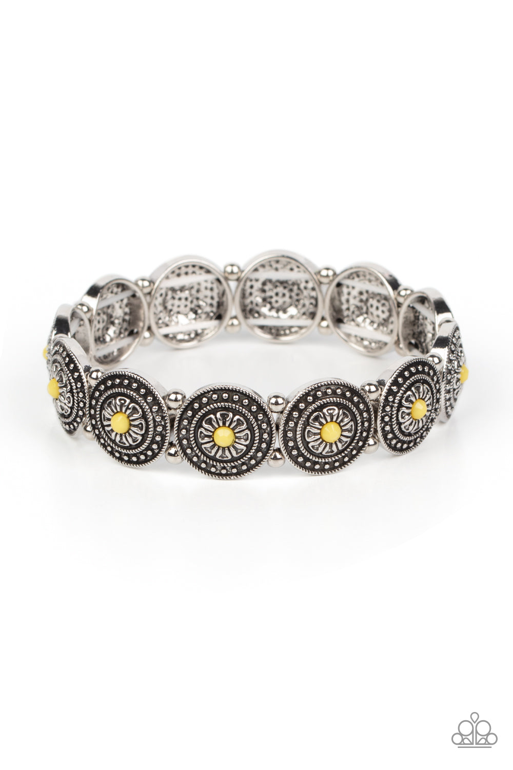 Granada Garden Party - Yellow and Silver Stretchy Bracelet - Paparazzi Accessories - Collection of floral silver frames alternate with dainty silver beads along stretchy bands around the wrist for a whimsical colorful yellow bracelet.