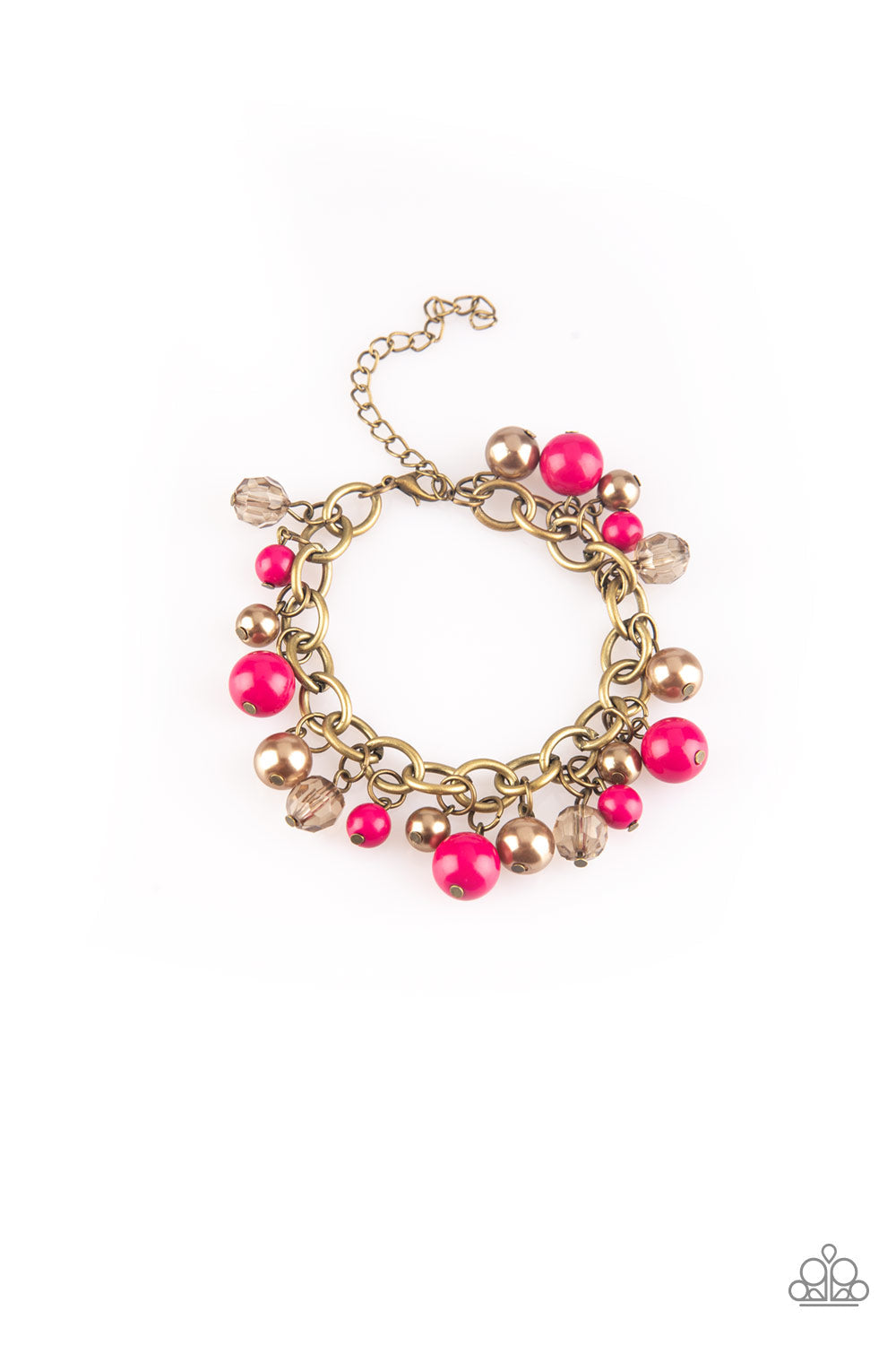 Grit and Glamour - Pink and Brass Bracelet - Paparazzi Jewelry - Bejeweled Accessories By Kristie - Pearly brass, polished pink, and glittery crystal-like beads swing from a bold brass chain, creating a refined fringe around the wrist. Features an adjustable clasp closure fashion bracelet.