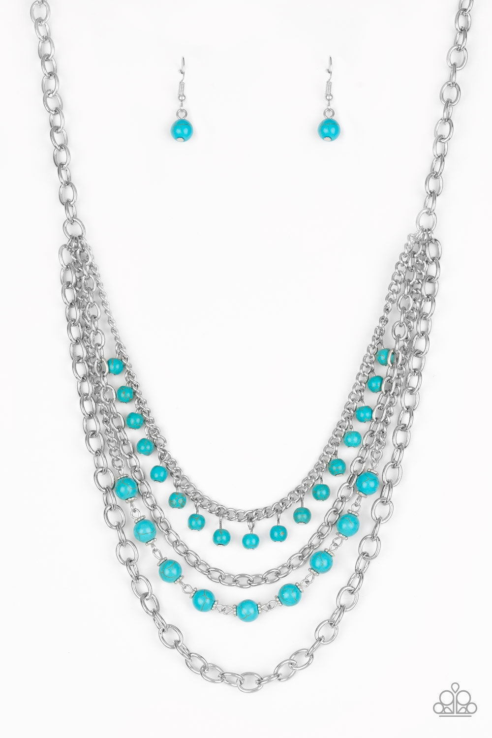 Ground Forces - Blue and Silver Necklace - Paparazzi Accessories - Featuring refreshing turquoise stone accents, mismatched silver chains layer below the collar for a seasonal look. Features an adjustable clasp closure.