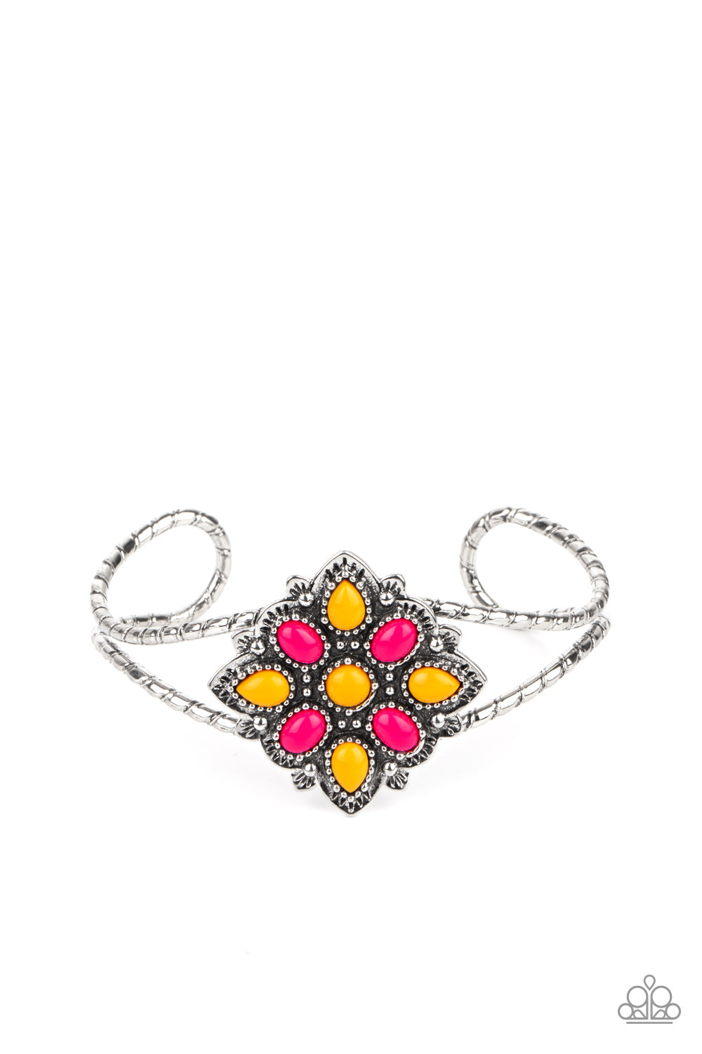 Happily Ever APPLIQUE - Orange - Pink - Silver Cuff Bracelet - Paparazzi Accessories - Orange and pink teardrop beads embellish a decoratively studded frame atop a textured silver cuff, creating a whimsical pop of color atop the wrist. Sold as one individual bracelet.