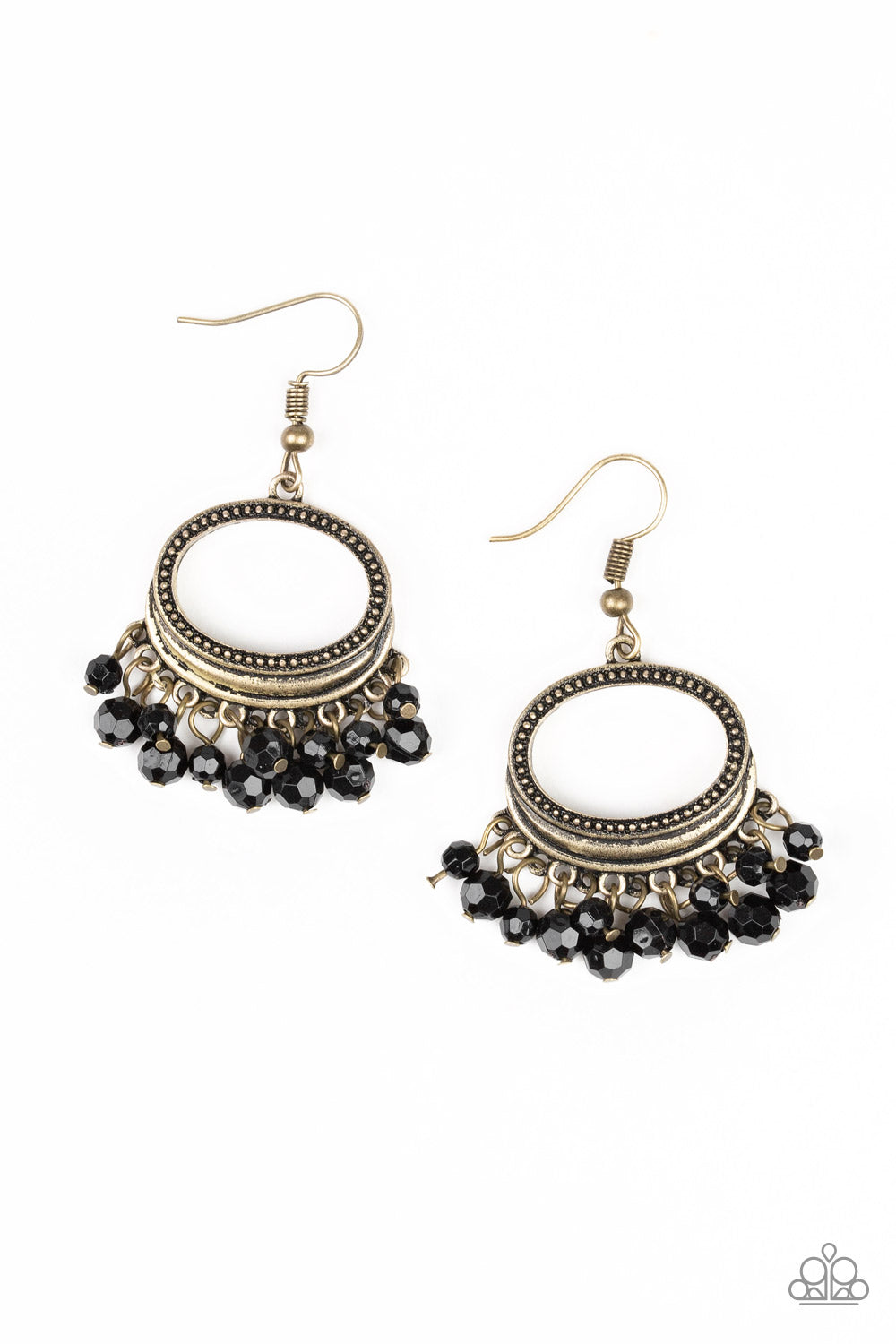 Happy Days - Brass and Black Earrings - Paparazzi Accessories - Glittery black crystal-like beads swing from the bottom of a studded round brass frame, creating a twinkling fringe. Earring attaches to a standard fishhook fitting. Sold as one pair of earrings.