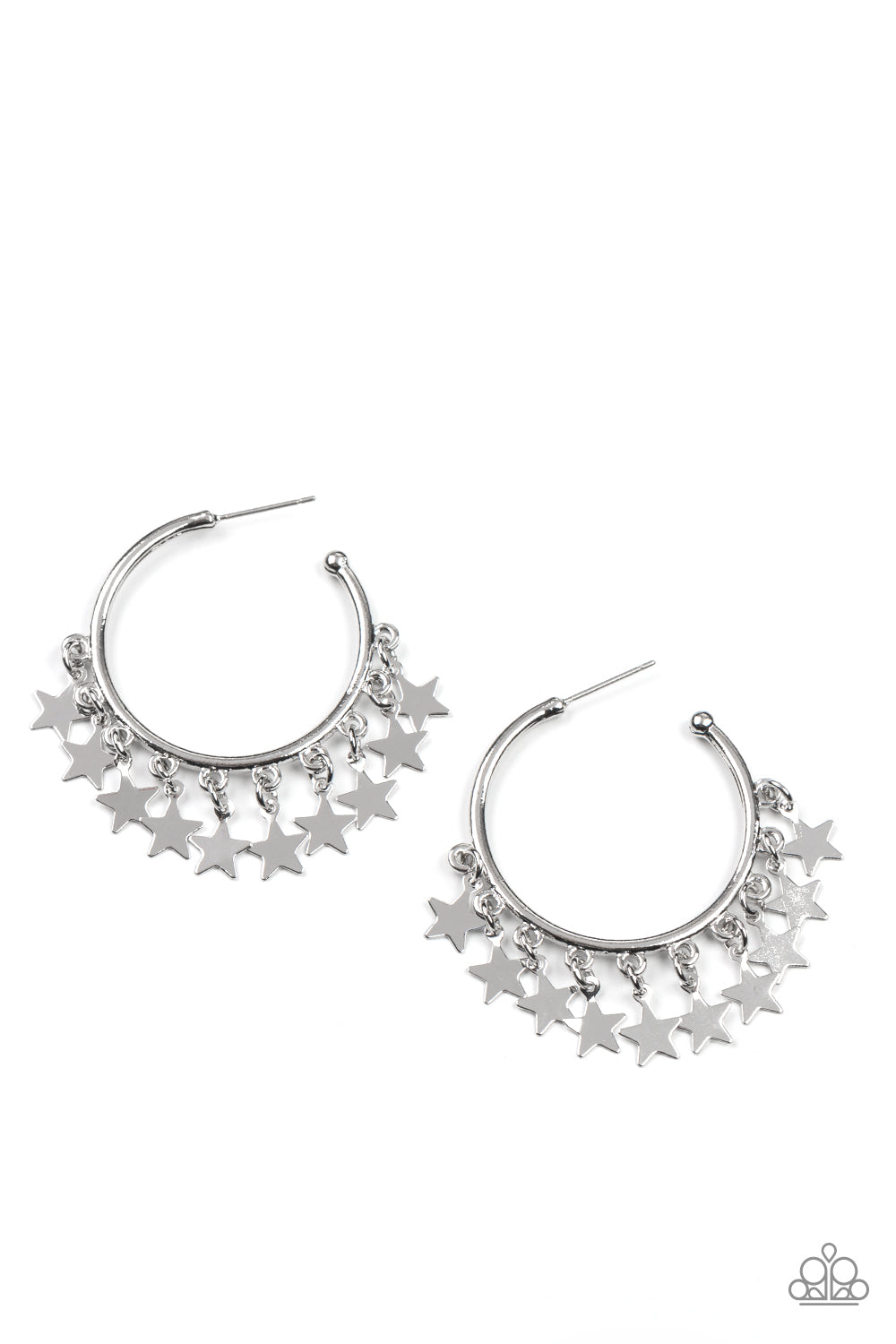 Happy Independence Day - Silver Star Charm Earrings - A shiny collection of silver star charms trickles from the bottom of a classic silver hoop, creating a stellar fringe. Earring attaches to a standard post fitting. Hoop measures approximately 1 1/4" in diameter. Sold as one pair of hoop earrings.