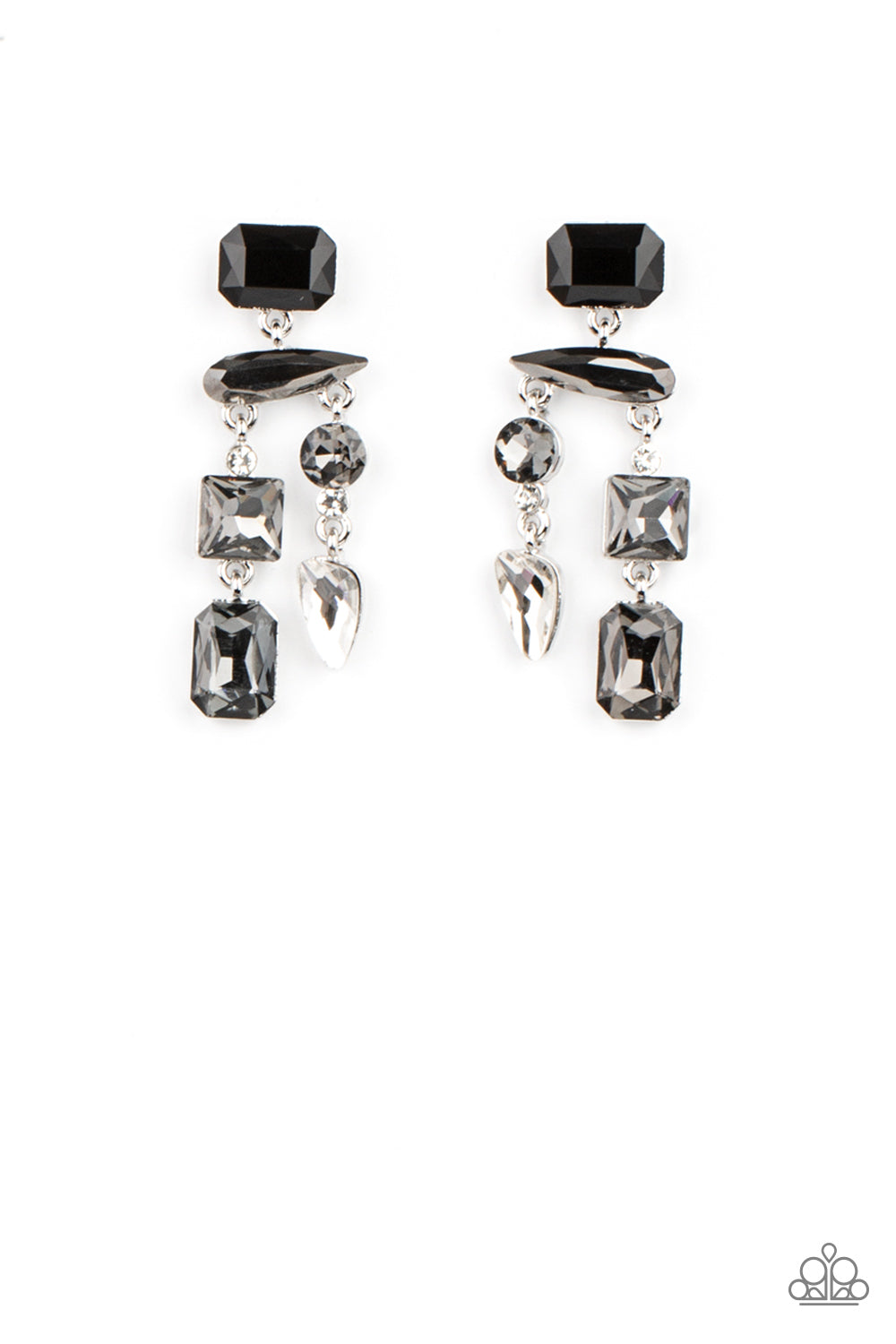 Hazard Pay - Silver - Black - Smoky Gem Earrings - Paparazzi Accessories -
Varying in shape, a smoldering collection of black, smoky, and white gems haphazardly link into a edgy chandelier. Earring attaches to a standard post fitting.
Sold as one pair of post earrings.