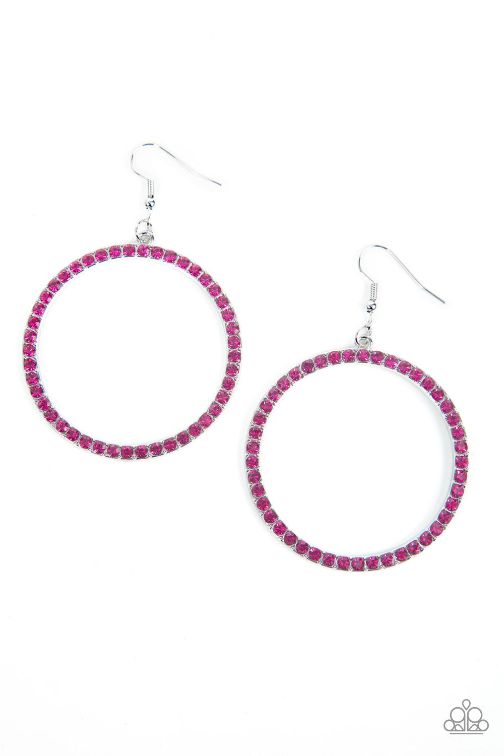 Head-Turning Halo - Fuchsia Pink and Silver Rhinestone Earrings - Paparazzi Accessories - The front of an oversized silver ring is encrusted in glitzy Fuchsia Fedora rhinestones, resulting in a head-turning hoop. Earring attaches to a standard fishhook fitting.