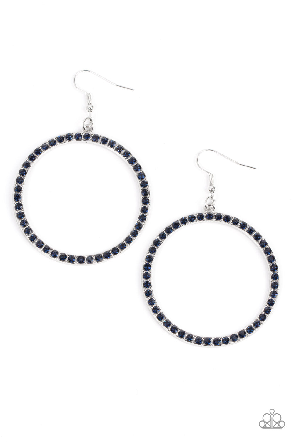 Head-Turning Halo - Glitzy Blue and Silver Earrings - Paparazzi Accessories - Bejeweled Accessories By Kristie - The front of an oversized silver ring is encrusted in glitzy blue rhinestones, resulting in a head-turning hoop. Earring attaches to a standard fishhook fitting. Sold as one pair of earrings.