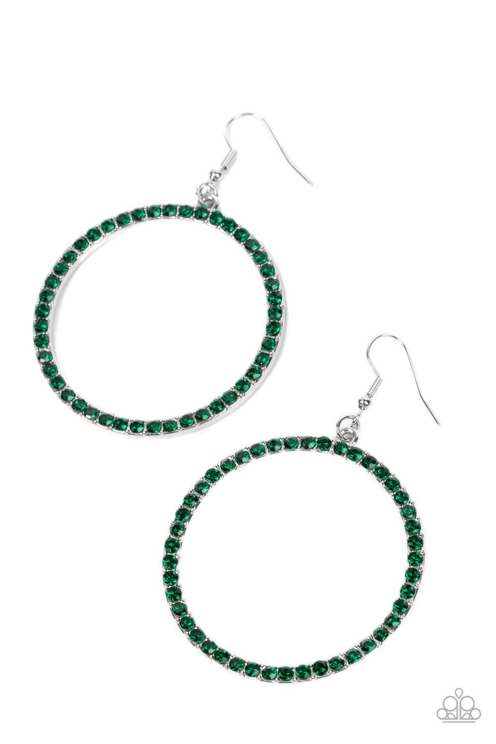 Head-Turning Halo - Glitzy Green and Silver Earrings - Paparazzi Accessories - The front of an oversized silver ring is encrusted in glitzy Leprechaun rhinestones, resulting in a head-turning fashion hoop earrings. Earring attaches to a standard fishhook fitting.
