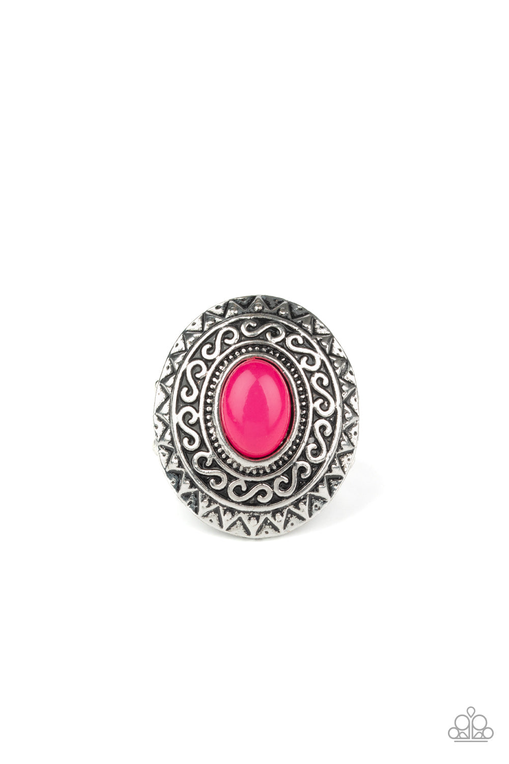 Hello, Sunshine - Pink and Silver Ring - Paparazzi Accessories - A glowing pink stone is pressed in the center of a dramatic silver frame radiating with shimmery sunburst details for a seasonal look. Features a stretchy band for a flexible fit. Sold as one individual ring.