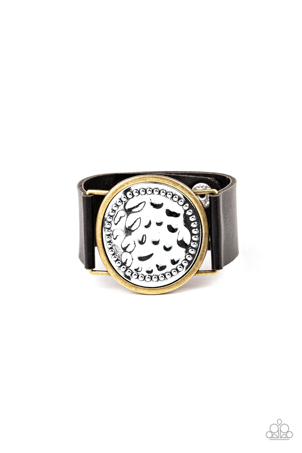 Hold On To Your Buckle - Black Leather Bracelet - Paparazzi Accessories - Bordered in brass, a hammered silver frame attaches to a thick black leather band for a rustic look. Features an adjustable snap closure. Sold as one individual bracelet.