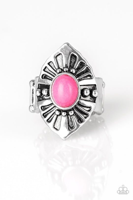 HOMESTEAD For The Weekend - Pink Stone and Silver Fashion Ring - Paparazzi Accessories - A vivacious pink stone bead is pressed into the center of an angular silver frame radiating with studded and antiqued textures. Features a stretchy band for a flexible fit. Sold as one individual ring.