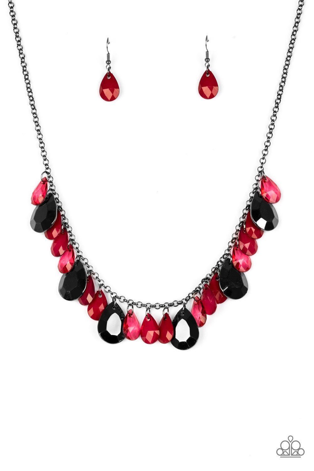 Hurricane Season - Red and Gunmetal Necklace - Paparazzi Accessories - Tinted in the robust shade of Wine, glassy and polished red teardrops drip from the bottom of a shimmery gunmetal chain. Faceted gunmetal teardrops trickle between the colorful beading, adding a flashy finish to the flirtatious fringe. Features an adjustable clasp closure.
