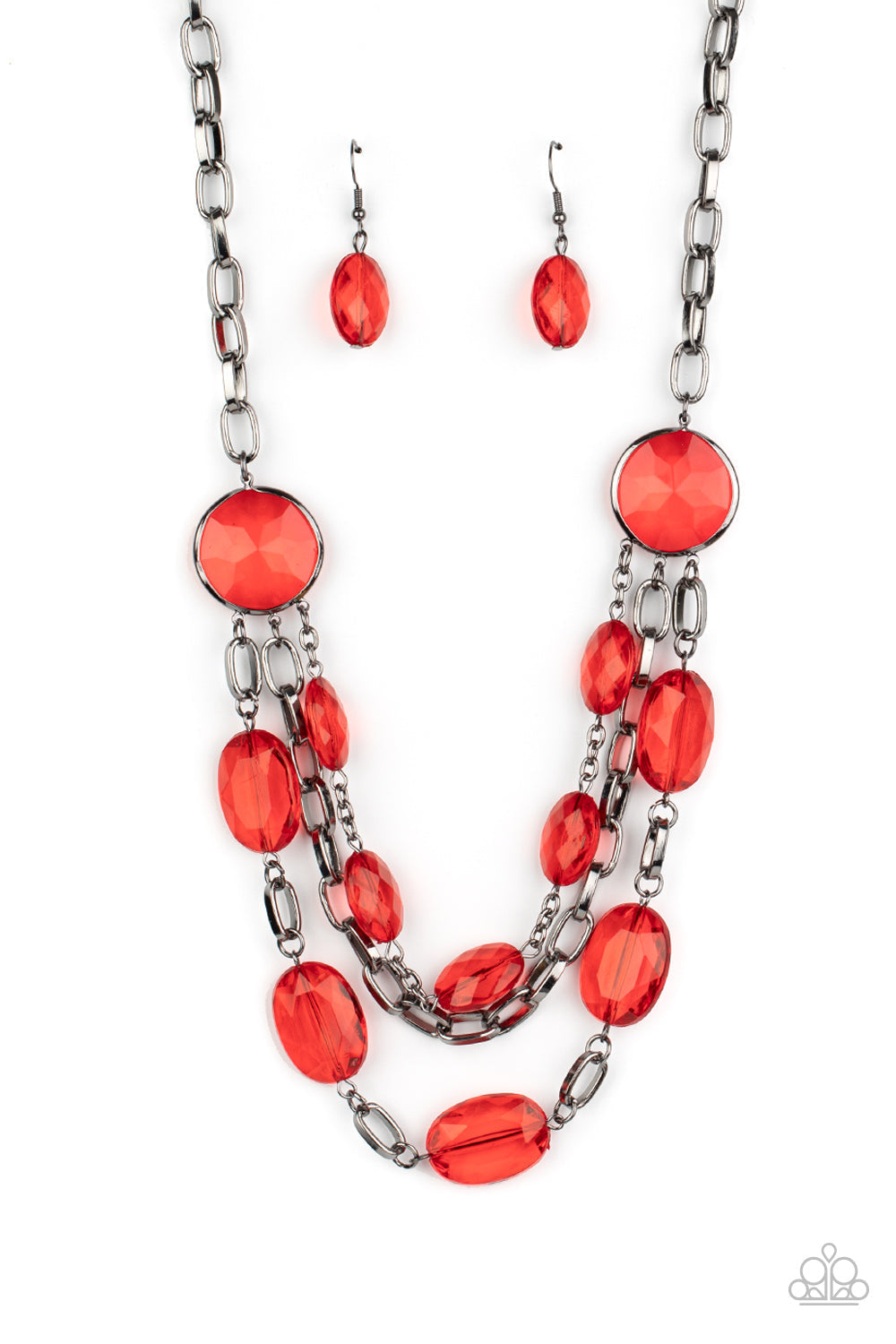I Need a GLOW-cation - Red and Black Metal Necklace - Paparazzi Accessories - Strung between two matching red gem-like fittings, two glittery rows of red oval gems flank a strand of bold gunmetal chain below the collar for a flawlessly layered look. Features an adjustable clasp closure.