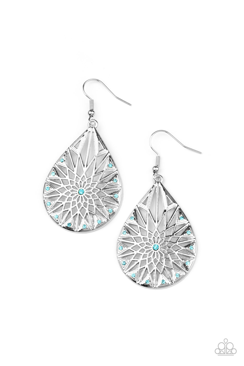 Icy Mosaic - Blue and Silver Teardrop Earrings - Paparazzi Accessories - Featuring a shattered snowflake pattern, the front of an airy silver teardrop is adorned in dainty blue rhinestones for an icy finish. Earring attaches to a standard fishhook fitting. Sold as one pair of earrings.