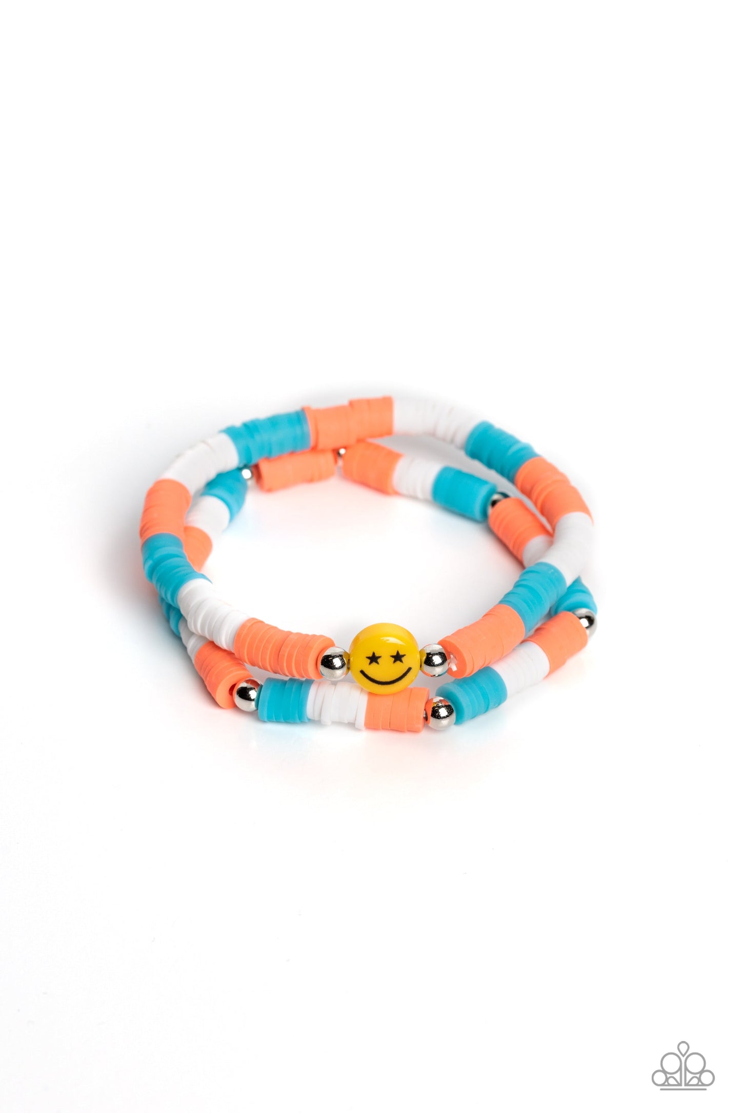 In SMILE - Orange and Blue Bracelet - Paparazzi Accessories - Coral, blue, and white rubber discs combine with sporadically placed silver beads to provide a vibrant pop of color along the wrist. Meeting in the center of one of the multi-shaded bracelets, a yellow bead with a smiley face, featuring stars for eyes.