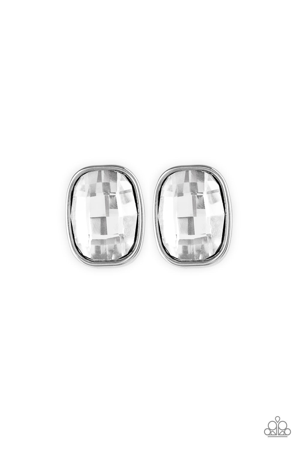 Incredibly Iconic - White and Silver Gem Earrings - Paparazzi Accessories - A faceted white gem is pressed into a sleek silver frame for a glamorous look. Earring attaches to a standard post fitting. Sold as one pair of post earrings.