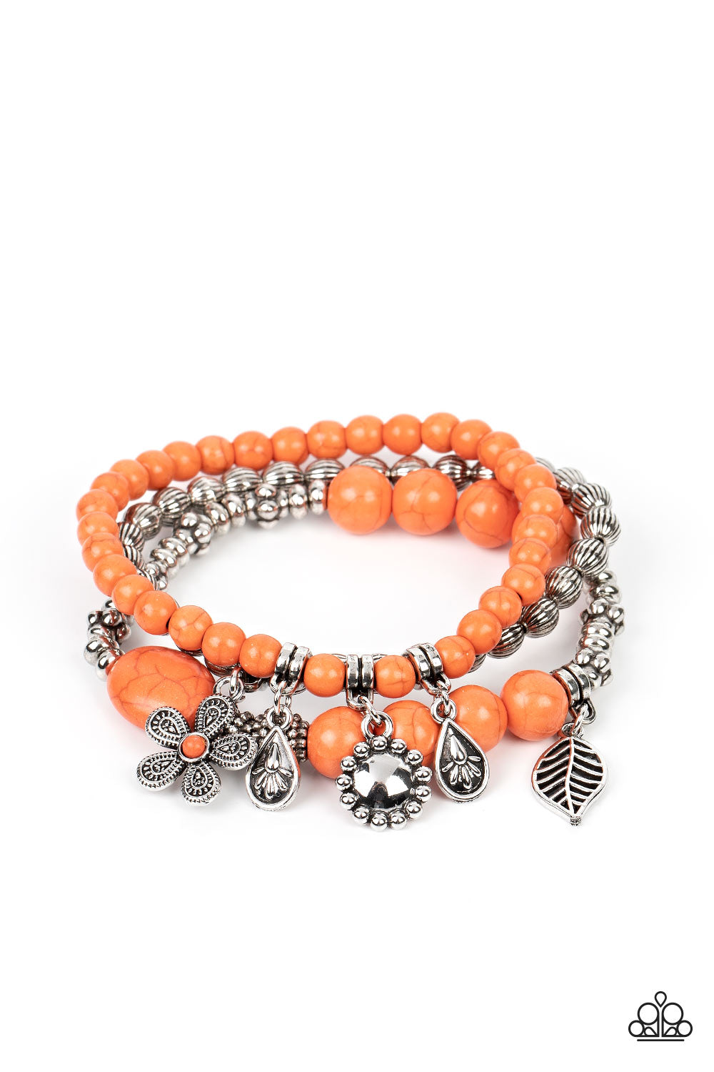 Individual Inflorescence - Orange and Silver Floral Charm Bracelets - Paparazzi Accessories - A trio of floral-inspired bracelets, featuring comfortable stretchy bands and smooth orange stones, stack along the wrist to create a bold statement piece.