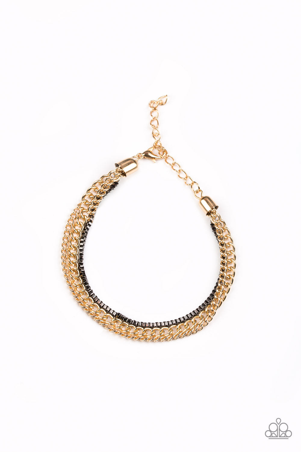 Industrial Icon - Gold and Gunmetal Bracelet - Paparazzi Accessories - Dainty gunmetal box chain and mismatched gold chains layer across the wrist, creating a collision of industrial textures. Features an adjustable clasp closure. Sold as one individual multi metal bracelet.
