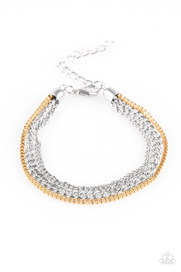 Industrial Icon - Silver and Gold Chain Bracelet - Paparazzi Accessories - Dainty gold box chain and mismatched silver chains layer across the wrist, creating a collision of industrial textures. Features an adjustable clasp closure. Sold as one individual bracelet.