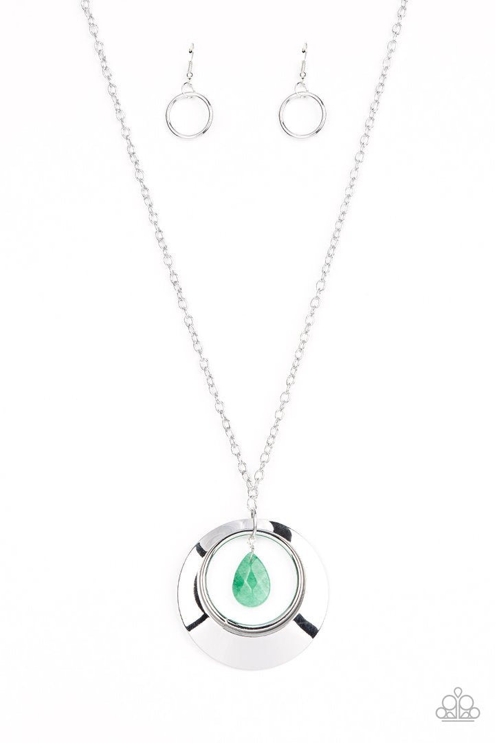 Inner Tranquility - Green Jade - Necklace & Earrings - Paparazzi Accessories - 
A faceted jade teardrop swings from the top of a bold silver ring and flared silver hoop, creating an enchanting pendant at the bottom of a lengthened silver chain. Features an adjustable clasp closure.
