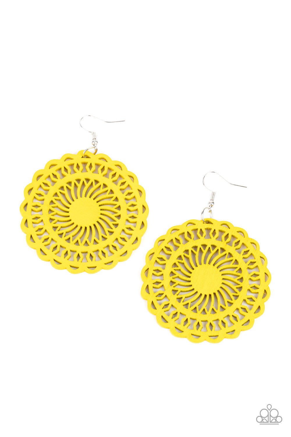 Island Sun - Yellow Wood Earrings - Paparazzi Accessories -
Painted in a sunny yellow finish, a stenciled wooden frame is cutout into a radiating sunburst frame for a colorfully tropic look. Earring attaches to a standard fishhook fitting. Sold as one pair of earrings.