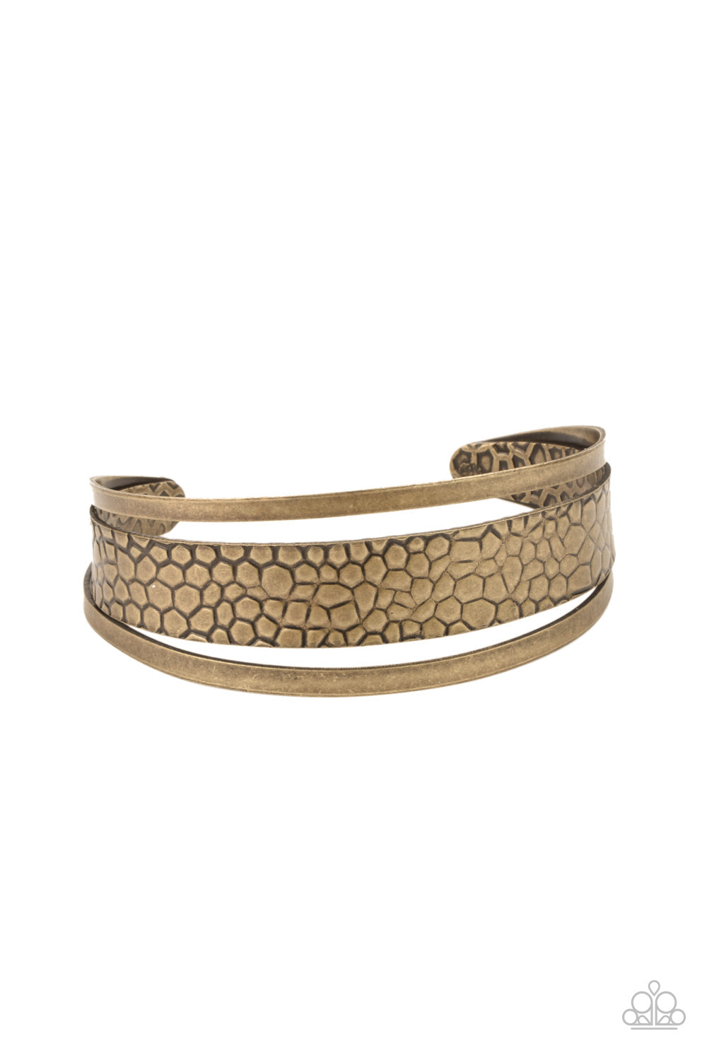 Jungle Jingle - Brass Cuff Bracelet - Paparazzi Accessories - Embossed in metallic crocodile-like print, an antiqued brass cuff attaches to the center of an airy brass cuff for a wildly stacked look. Sold as one individual bracelet.