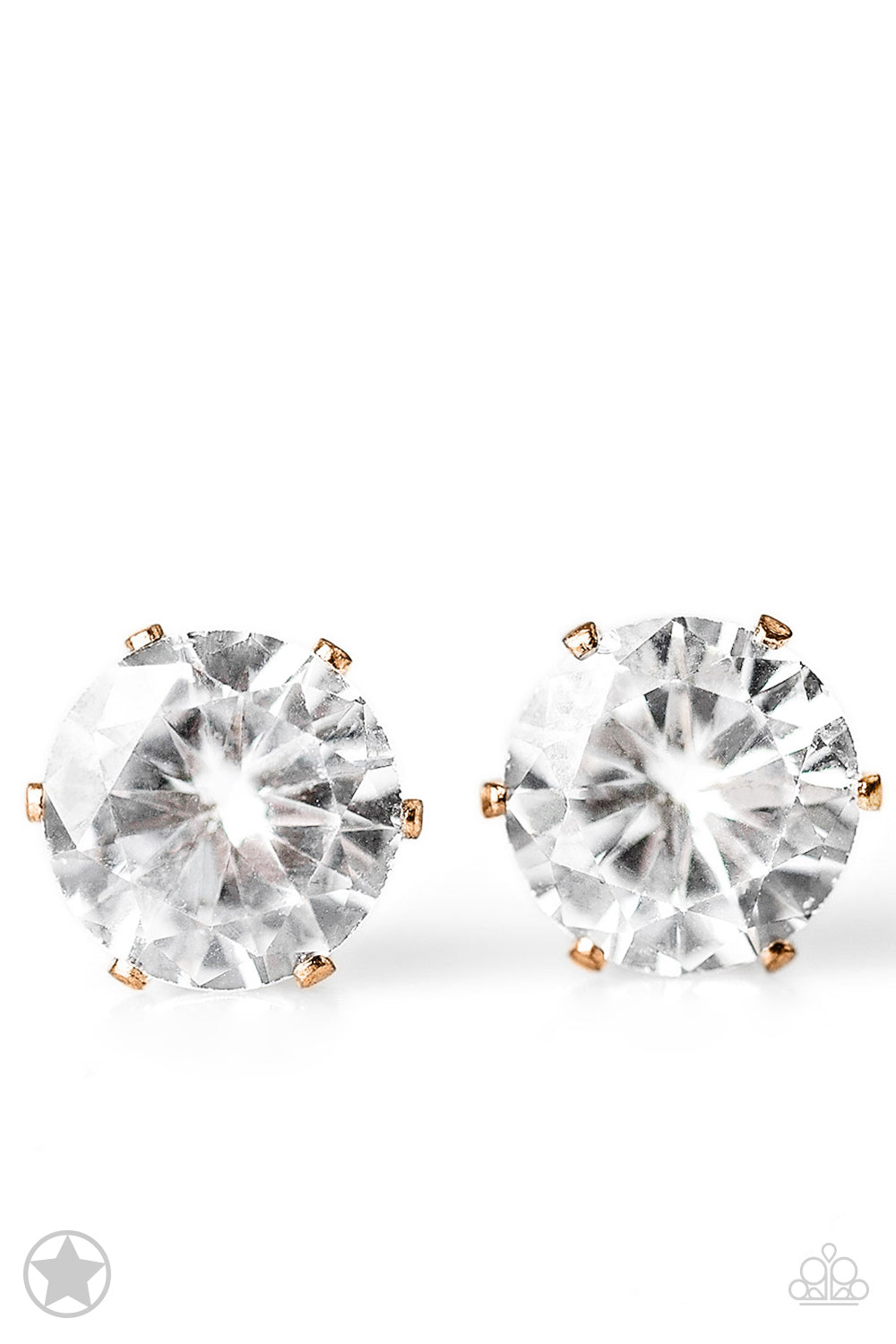 Just In TIMELESS - Gold Earrings - Paparazzi Accessories - A sparkling white rhinestone is nestled inside a classic gold frame for a timeless look. Earring attaches to a standard post fitting. Sold as one pair of post earrings.