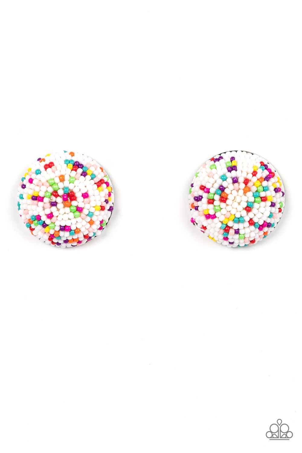 Kaleidoscope Sky - White - Multi Color Earrings - Paparazzi Accessories - dainty multicolored beads spins around the front of an oversized and beveled silver frame, resulting in a boisterous pop of kaleidoscopic color.