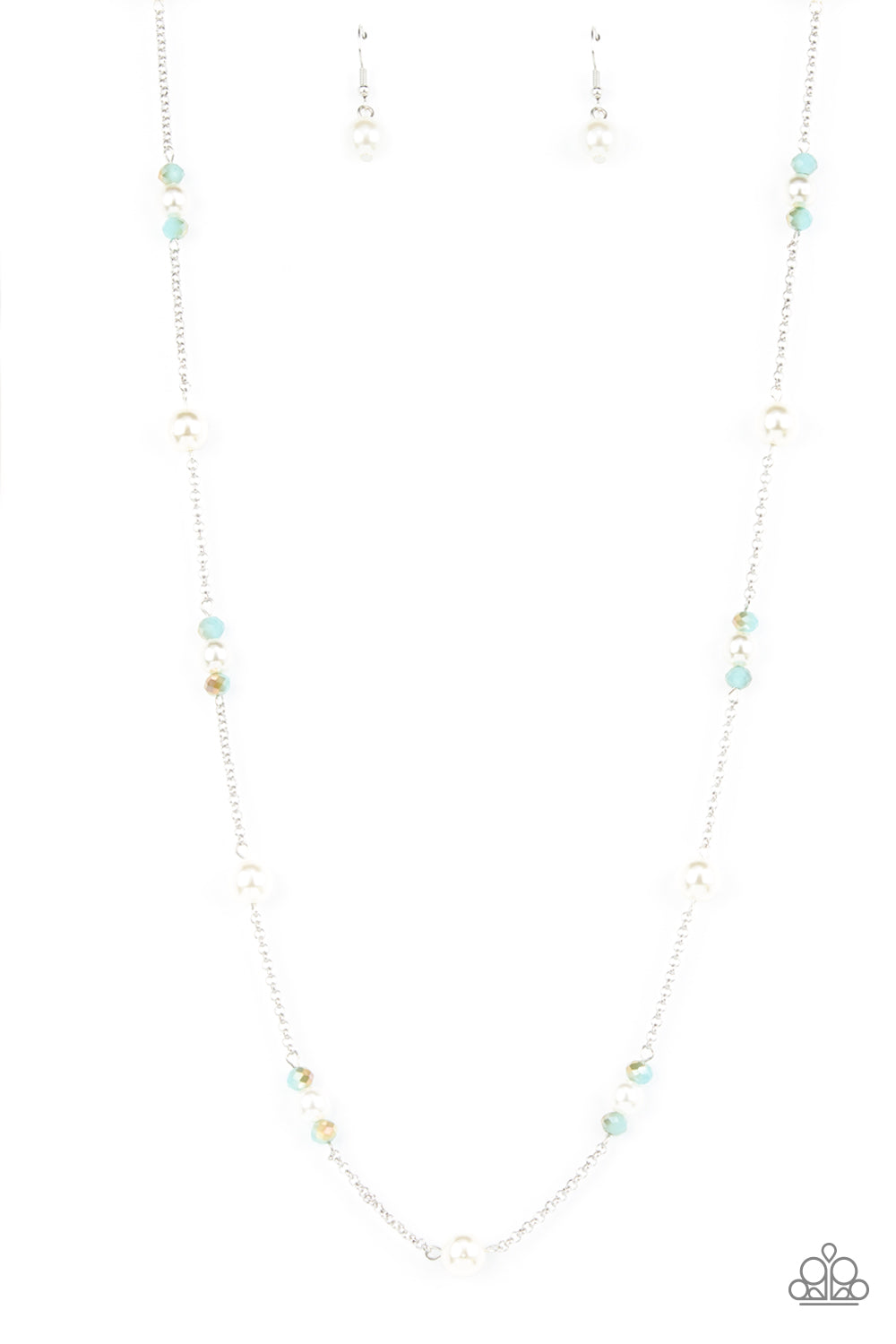Keep Your Eye on the BALLROOM - Blue and Silver Pearl Necklace - Paparazzi Accessories - Dotted with bubbly white pearls, an extended silver chain is adorned with metallic flecked blue opal gems and dainty white pearls for an elegant fashion. Features an adjustable clasp closure. Sold as one individual stylish necklace.